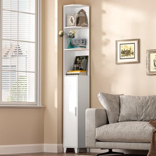 MOHOPE 74.8" Tall Corner Cabinet with Door, 5-Tier White Display Shelf