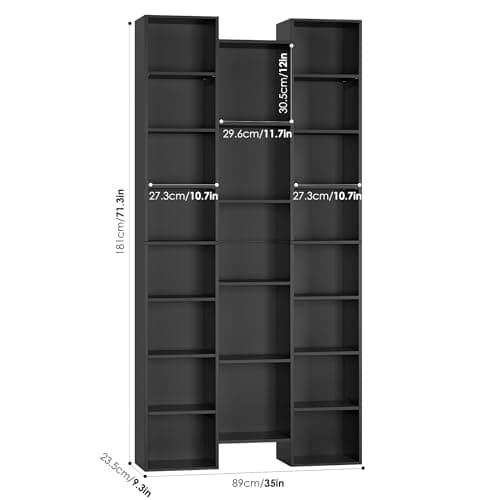 Fotosok 71" Tall Black Bookshelf, 8 Tier Media Storage Rack, Adjustable Shelves, Home Office Organizer