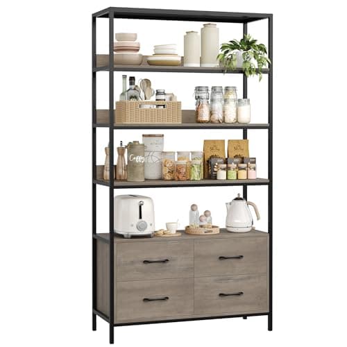 HITHOS 5 Tier Modern Wood Bookshelf with Drawers, 71" Tall Storage Cabinet