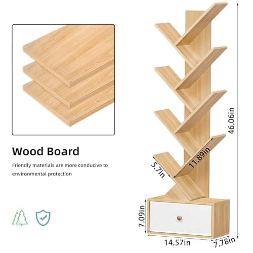 Natural 8-Tier Standing Wood Bookshelf with Drawer for Narrow Spaces
