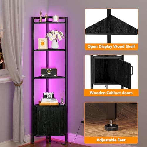 Furnulem Black Oak 5-Tier Corner Cabinet with LED Light and Storage (62.8")