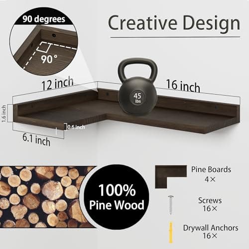 Rustic Dark Brown Floating Corner Shelves Set of 4 for Wall Décor Storage