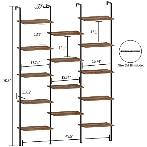 5-Tier Industrial Wooden and Metal Wall Mounted Bookshelf (Rustic Brown, Large)