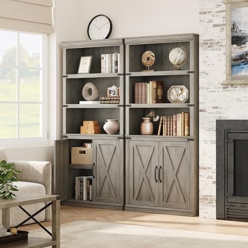 GAOMON 5 Tier Farmhouse Bookcase with Doors, 70 inch Tall Storage Cabinet