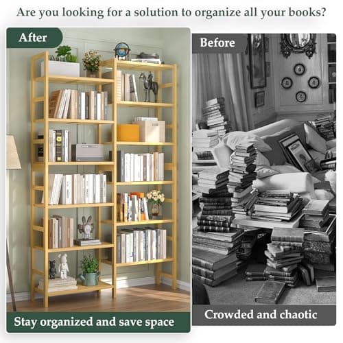 Homykic 6-Tier Double Wide Bamboo Bookshelf, 6ft Tall for Home Office, Bedroom, Living Room, and Plants