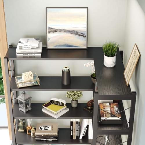Vintage Industrial 6-Shelf Black Corner Bookshelf with Metal Frame