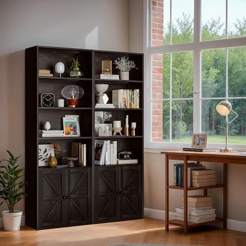Furniwell Black Industrial Bookshelf with Doors for Home Office and Bedroom