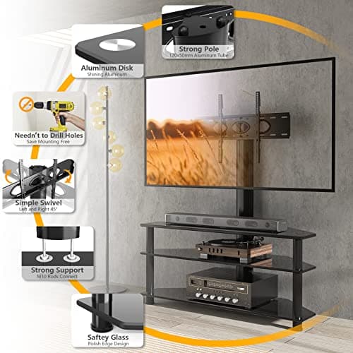 5Rcom Corner TV Stand with Mount, 3 Tier Tempered Glass Shelves, 32-75 Inch TVs, Max VESA 600X400mm