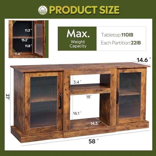 Retro TV Stand for 65 inch TV with Storage, Rustic Brown