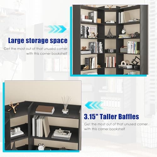 Industrial Black 6-Tier L-Shaped Corner Bookshelf with Baffle_storage Rack