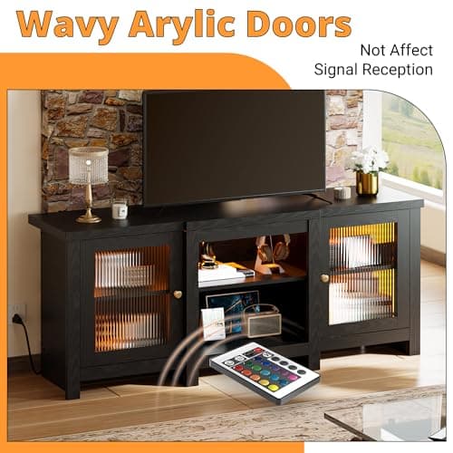 65-inch TV Stand with Power Outlet and LED Light, Black
