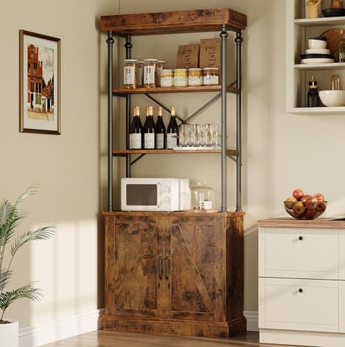 IDEALHOUSE Tall Bookshelf with Doors 73.62in Industrial Open Rack Shelf Wood & Metal