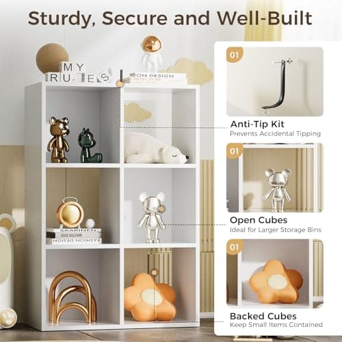 COMHOMA 6 Wood Cube Storage Organizer for Home Office and Bedroom 
| White Cube Storage Bookshelf with Removable Back Panels for Living Room 
| FSC Certified 11In Cube Storage Shelf for Multi-Use Spaces Vertical or Horizontal
