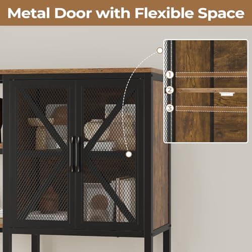 Industrial 6 Tier Bookshelf with Fabric Drawers - Large Corner L-Shaped Shelf - Rustic Brown