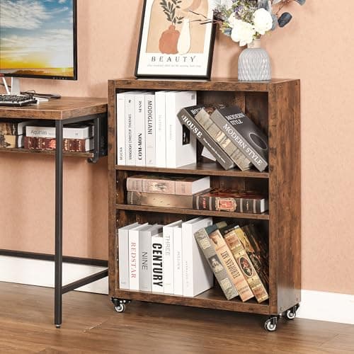 FUSUNBAO 3-Tier Antique Brown Bookshelf with Wheels for Living Room/Bedroom/Office
