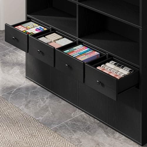 IRONCK Vintage Black Tall Storage Cabinet with 4 Drawers & 4 Doors, 6 Tier Bookshelf for Living Room