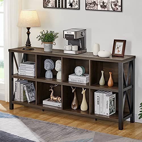 FATORRI 8-Cube Rustic Wood Bookshelf, Walnut Brown, 62 Inch Shelf