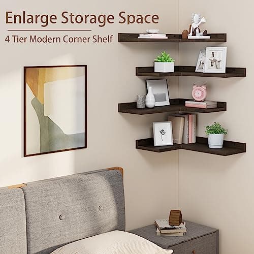 Rustic Dark Brown Floating Corner Shelves Set of 4 for Wall Décor Storage