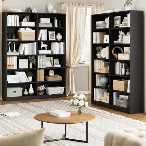 Double Wide 6-Tier Bookshelf, Tall Home Decor Bookcase, Black