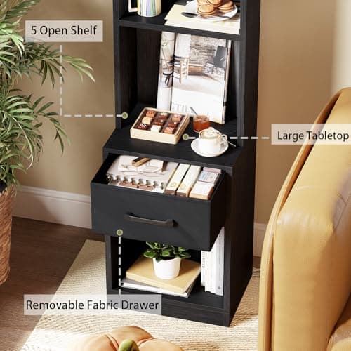 Furologee Black 6 Tier Industrial Wood Bookshelf with Drawer