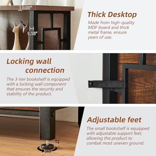HOMISSUE 3 Tier Deep Bookshelf with Storage, Rustic Brown for Small Spaces