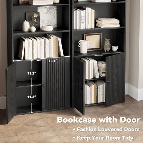 Ironck 6-Tier Tall Black Bookshelf with Doors and Storage for Home Office and Living Room