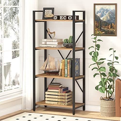 BON AUGURE Dark Gray Oak 4 Tier Bookshelf for Living Room & Office