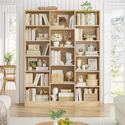 Triple Wide 74'' Tall Bookcase with 17 Shelves, Light Oak, Living Room, Home Office, Library
