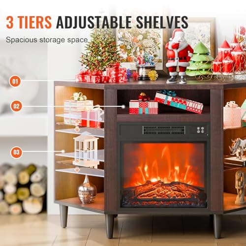 VEVOR Electric Fireplace TV Stand, Corner TV Stand for 50" TVs, Vintage Design, 20 LED Lights, Remote & Timer