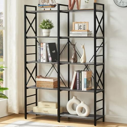 HOMBAZAAR Industrial Double Wide 5 Tier Black Bookshelf