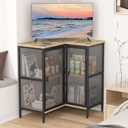 VECELO 40-Inch Corner TV Stand with Storage, Grey Farmhouse Entertainment Center for Living Room and Bedroom