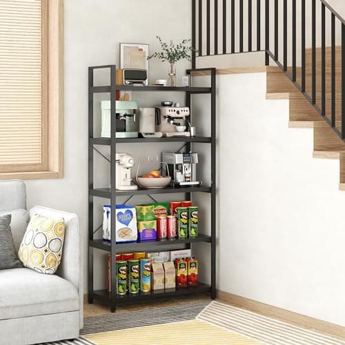Modern Tall Bookshelf with Large Storage - 5 Tier Bookcase for Bedroom, Living Room, and Office - Black Shelf for Books and Plants.