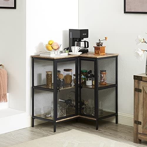 VECELO 3-Tier Corner Cabinet, Oak Grey, Industrial Style TV Stand