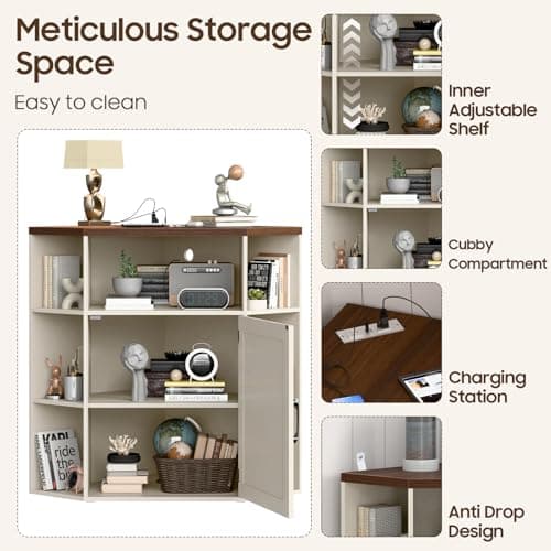 Industrial Corner Cabinet with USB Ports Off White 6-Cubby Bookshelf