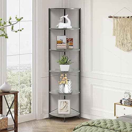 Industrial 6 Tier Corner Shelf: 63.1 Tall Rustic Bookcase for Living Room or Bedroom