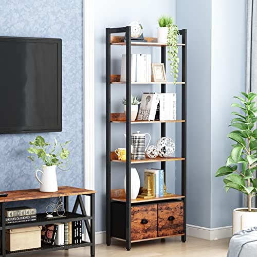 Furologee 6-Tier Rustic Brown Bookshelf with Drawers for Home Office
