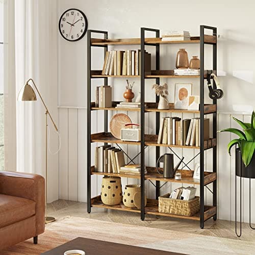 Industrial Wooden 6 Tier Bookshelf with 4 Hooks, Vintage Storage Rack, Rustic Brown
