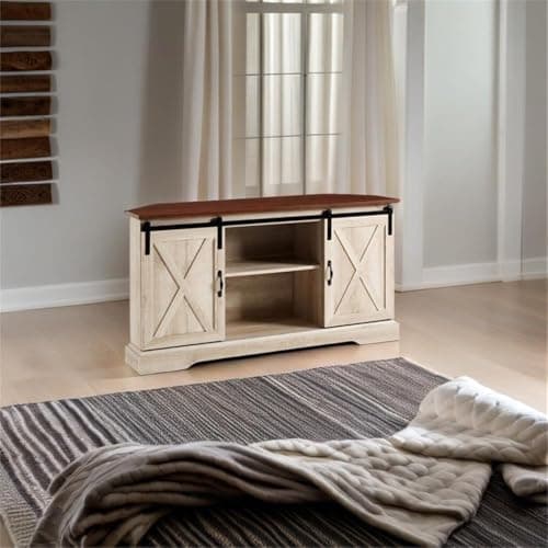 White Oak Finish Pemberly Row Wood Corner TV Stand with Sliding Doors & Adjustables