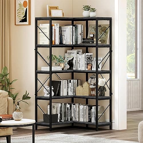 YITAHOME Industrial 5 Tier Corner Bookshelf, Large Rustic Brown Display Rack
