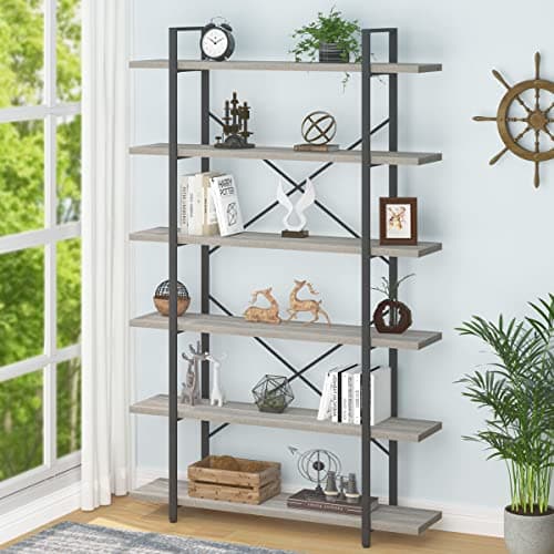 HSH Industrial Modern 6 Shelf Tall Bookcase, Rustic Brown for Living Room & Office