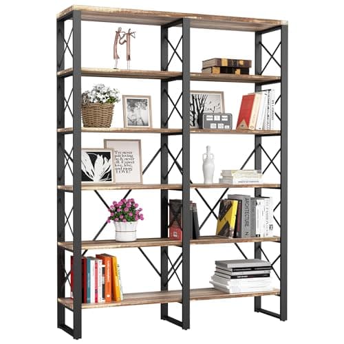 IRONCK Double Wide 6-Tier Open Bookcase, 76" H, Industrial Style, Wood and Metal Home Office Shelves, Easy Assembly