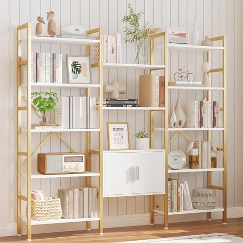 Yusong Industrial White & Gold Triple Wide 5 Tier Bookshelf with Storage