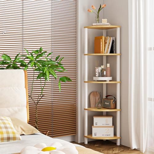 5-Tier Industrial Ladder Shelf, White & Nature Wood, UJSJ001Q