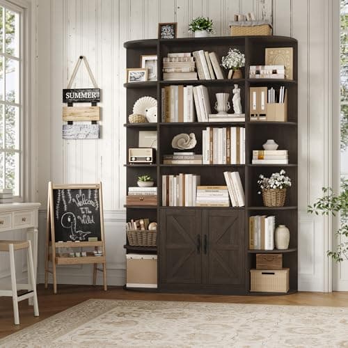 75" Tall BOOK SHELF & BOOKCASE, 6 Tier Storage, 47" Wide with Doors, Dark Brown Wood Shelves, Home Office Cabinet