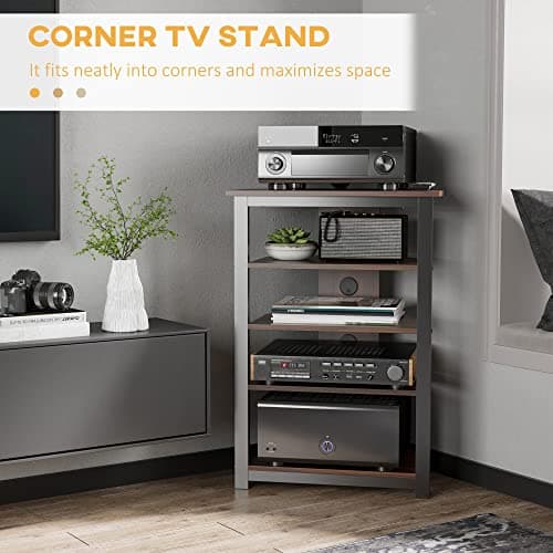 TV Stand with Storage Shelves and Steel Frame for Living Room, Brown Color