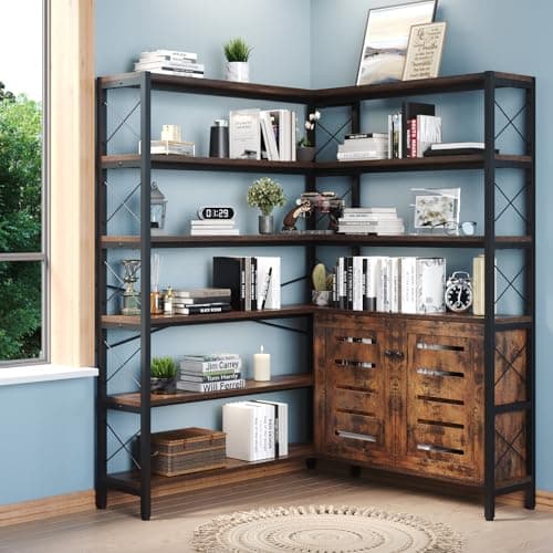 Vintage Industrial 6-Shelf Black Corner Bookshelf with Metal Frame