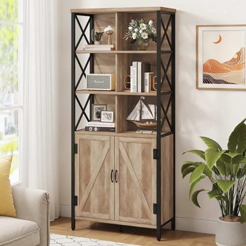 FATORRI Rustic Oak Tall Bookshelf with Doors, 67" Industrial Farmhouse Storage Organizer