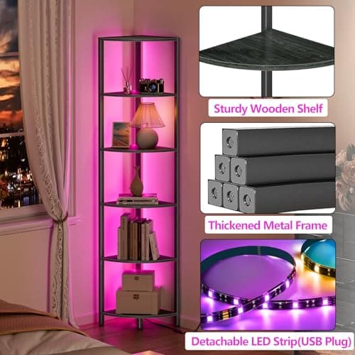 Furnulem 6 Tier LED Light Standing Shelf, 67.5” Tall, Black Narrow Bookshelf with Storage