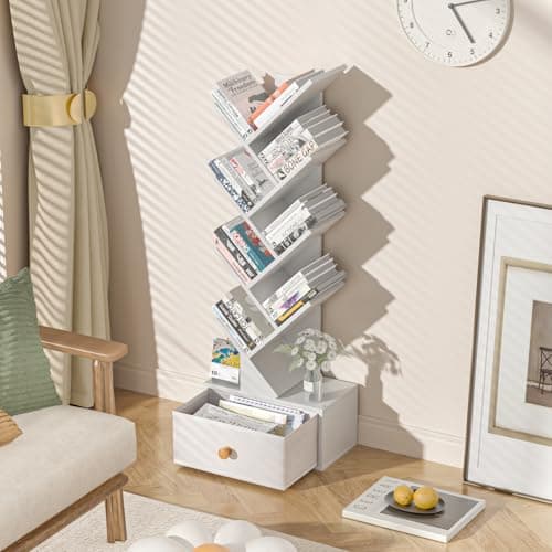 White 8-Tier Tree Bookshelf with Drawer, Free-Standing Wood Bookcase