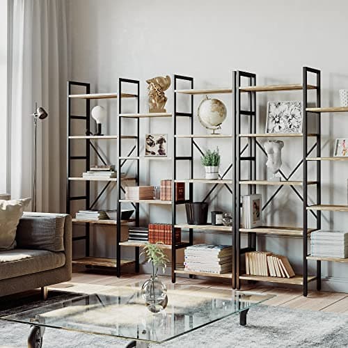 IRONCK Triple Wide Industrial Bookshelf with 5 Tiers for Living Room, Bedroom, and Home Office